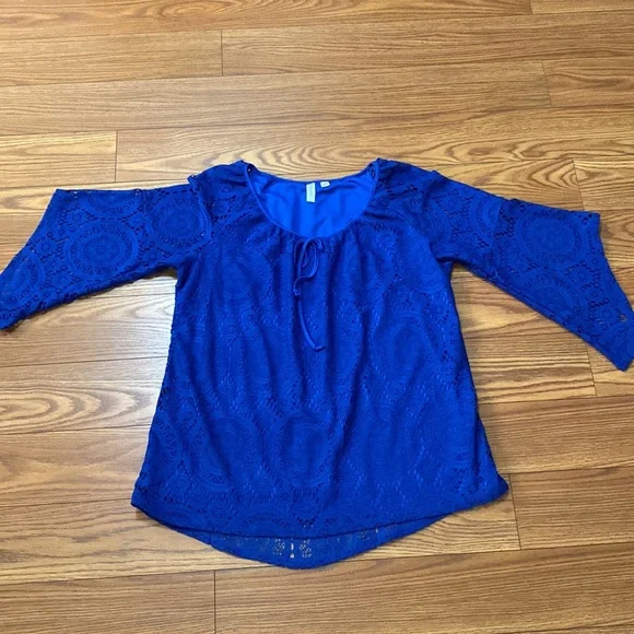 Tacera women’s crochet layer bell sleeve boho lace electric blue top, loose 1X - Picture 10 of 13